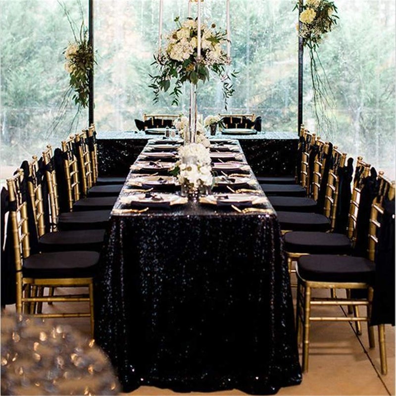 B.Cool B-COOL Seamless Sequin Table Cloth Black Glitter Design Table Cloth Wedding Overlay Birthday Party Tables Decoration Fabric 90x132-inch (Black) - Image 3